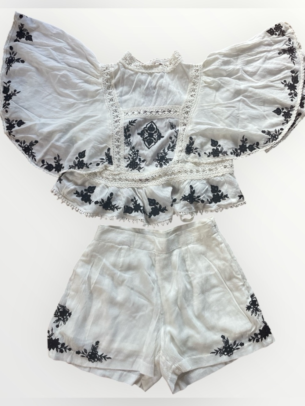 White Embroidered Two-Piece Set with Black Floral Detail